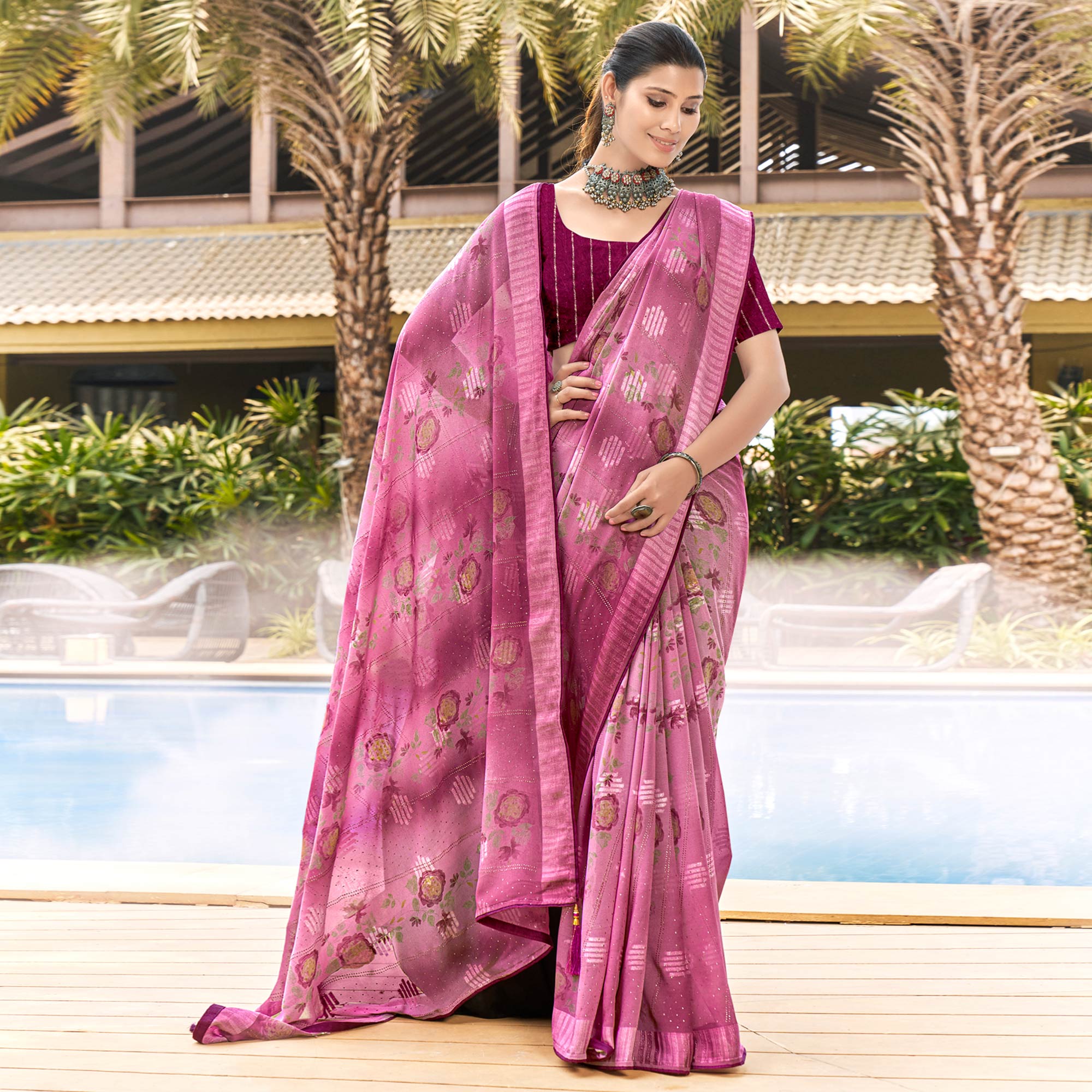 Pink Printed Georgette Saree With Swarovski Work