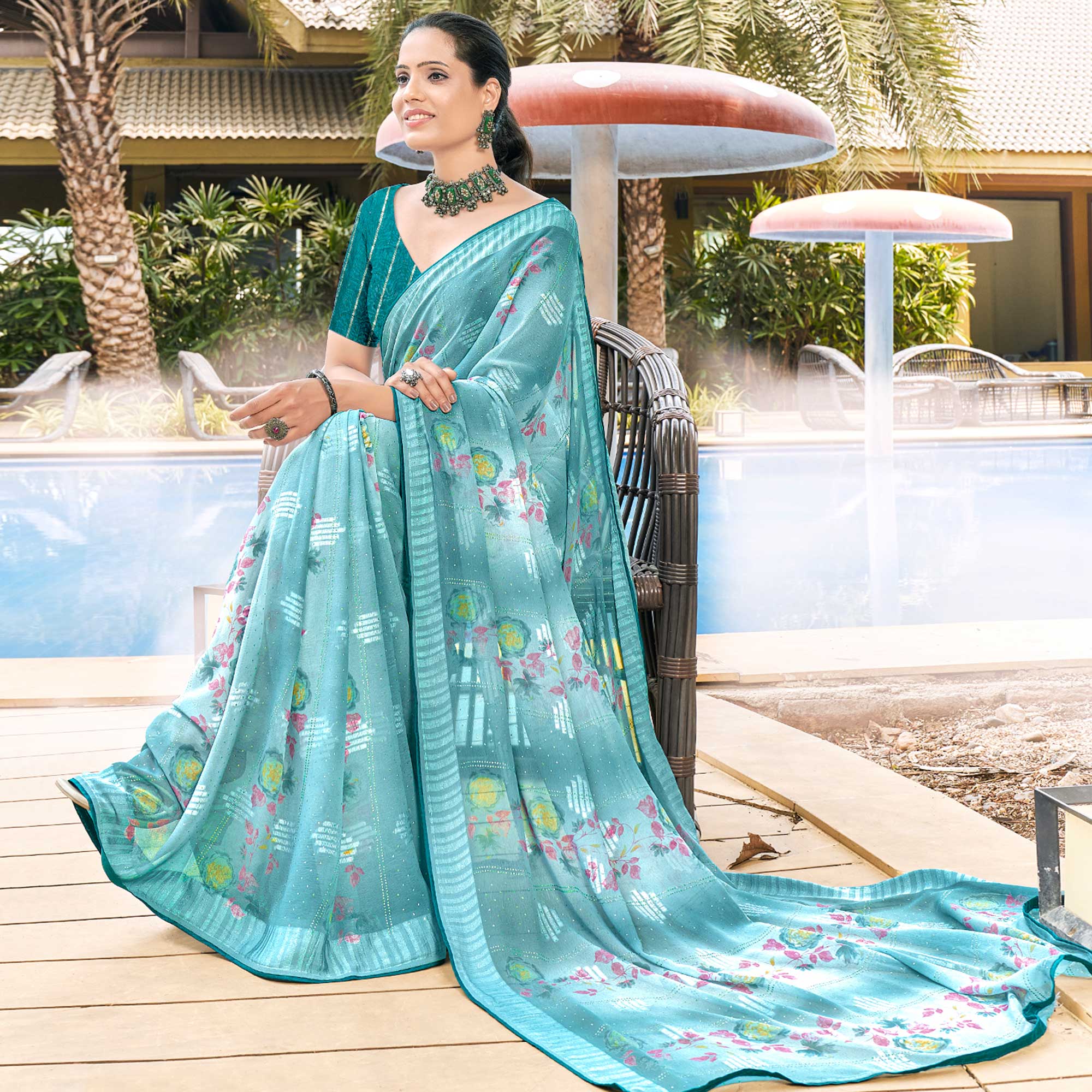 Rama Blue Printed Georgette Saree With Swarovski Work