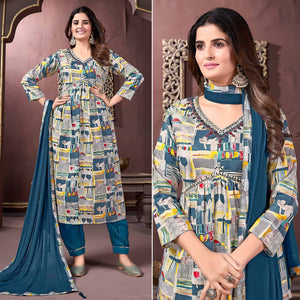 Grey & Teal Floral Printed Rayon Alia Cut Salwar Suit