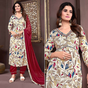 Beige & Maroon Floral Printed Rayon Alia Cut Salwar Suit