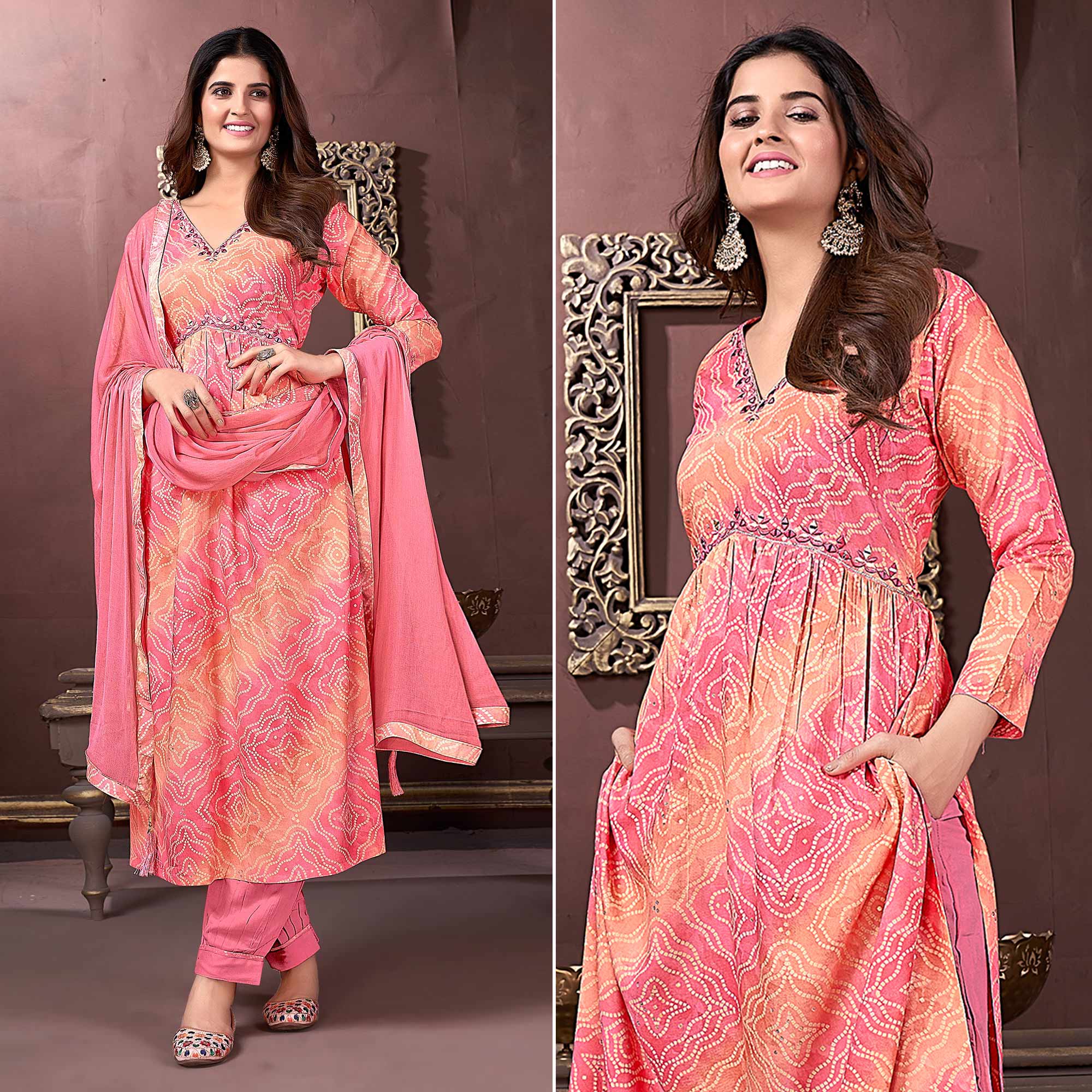 Pink & Peach Floral Printed Rayon Alia Cut Salwar Suit