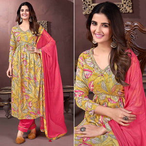 Mustard Floral Printed Rayon Alia Cut Salwar Suit