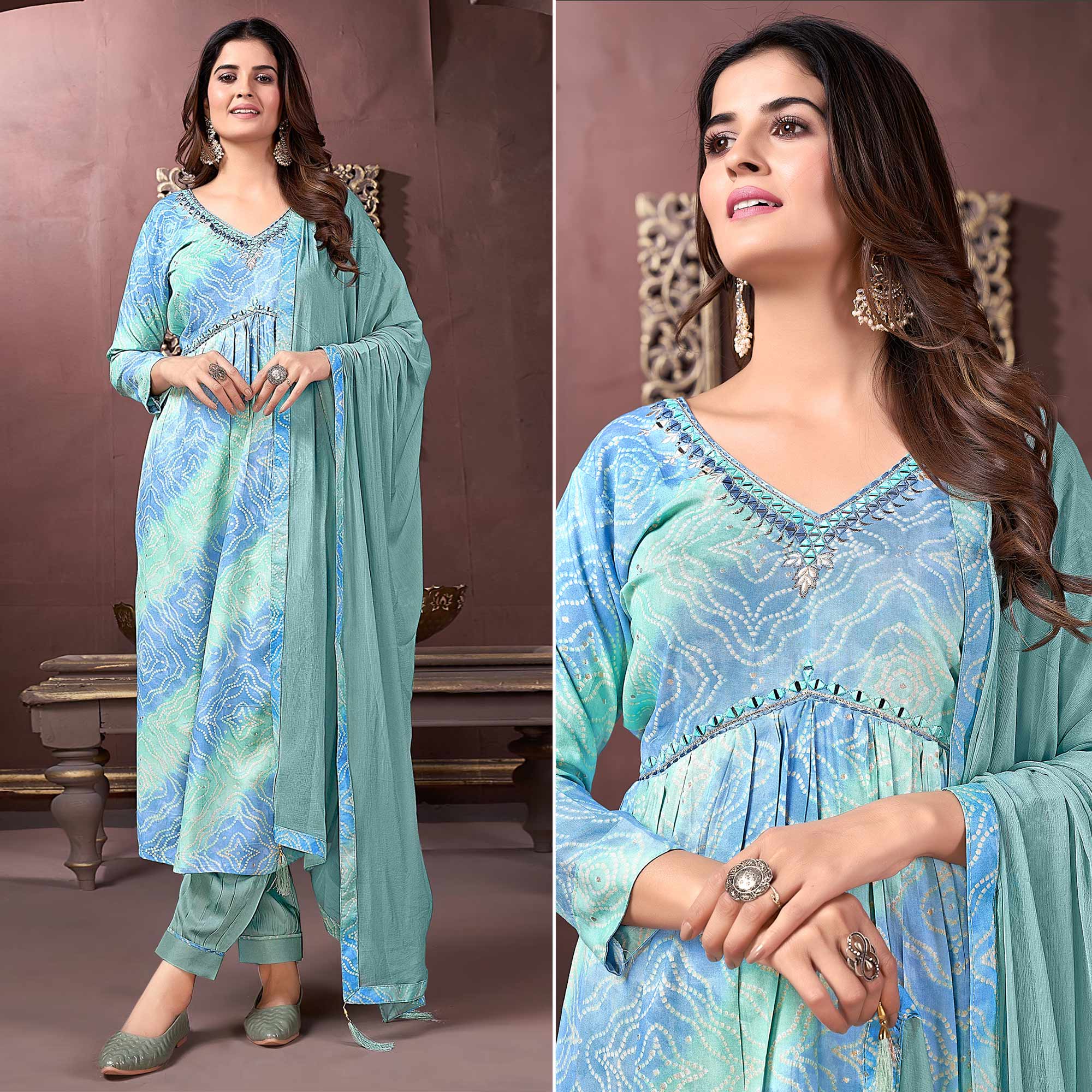 Turquoise & Blue Floral Printed Rayon Alia Cut Salwar Suit