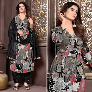 Black Floral Printed Rayon Alia Cut Salwar Suit