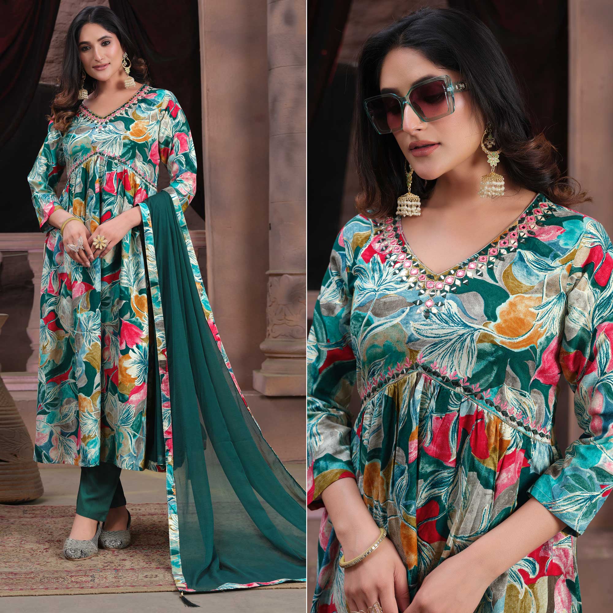 Green Floral Printed Rayon Alia Cut Salwar Suit