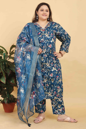 Blue Floral Foil Printed With Mirror Handwork Rayon Salwar Suit