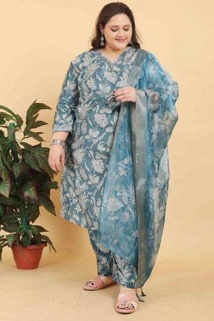 Sage Blue Floral Foil Printed With Mirror Handwork Viscose Salwar Suit