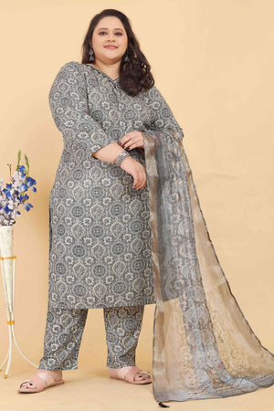Grey Rayon Straight Salwar Suit Set with Delicate Floral Prints & Side Pockets