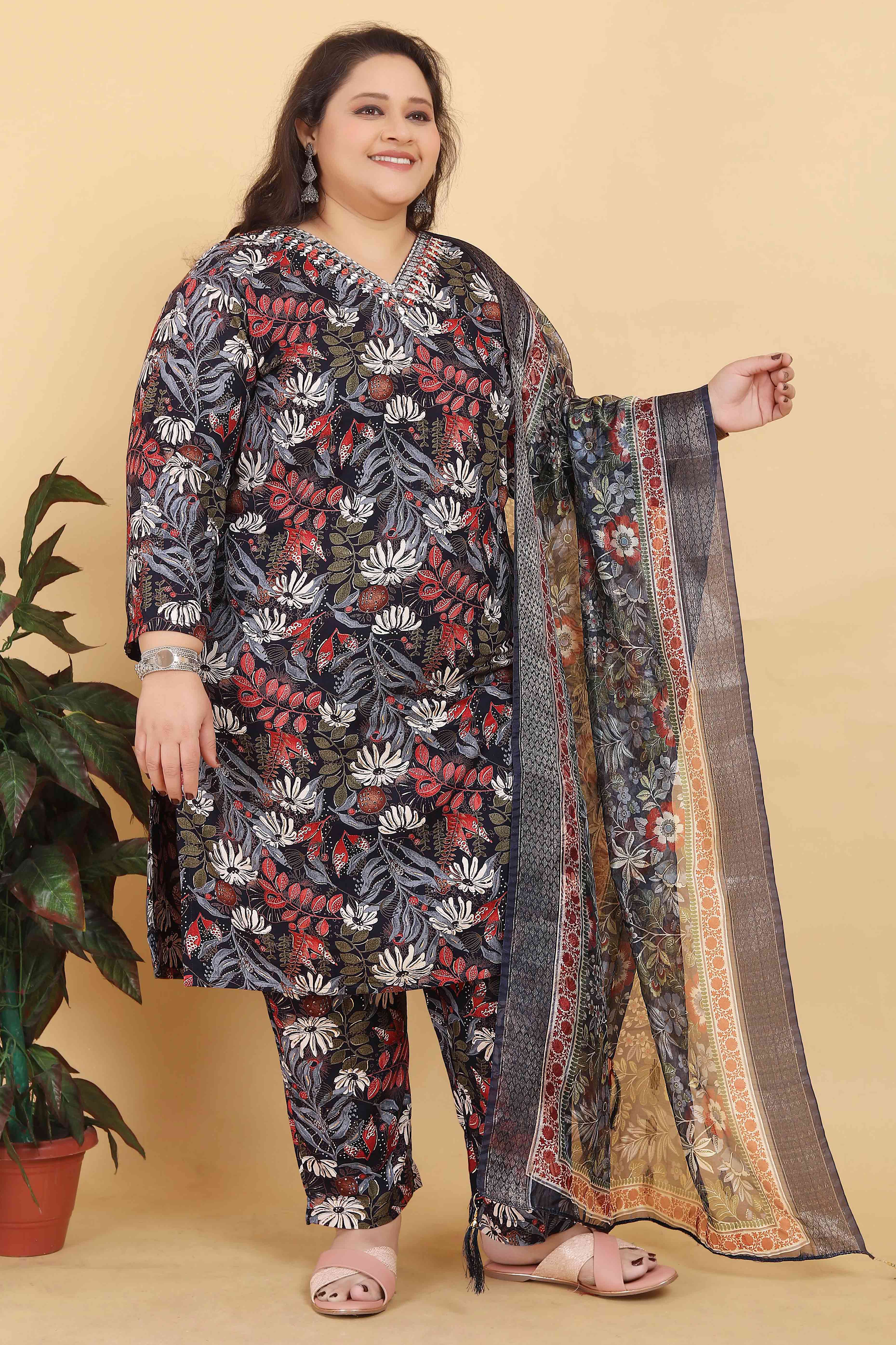 Black Rayon Straight Salwar Suit Set with Delicate Floral Prints & Side Pockets
