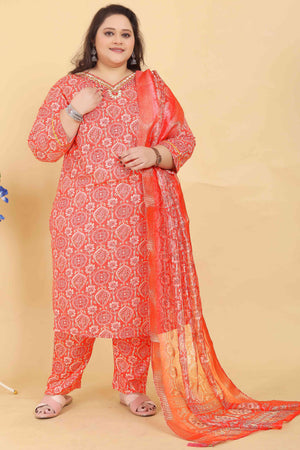Orange Rayon Straight Salwar Suit Set with Delicate Floral Prints & Side Pockets