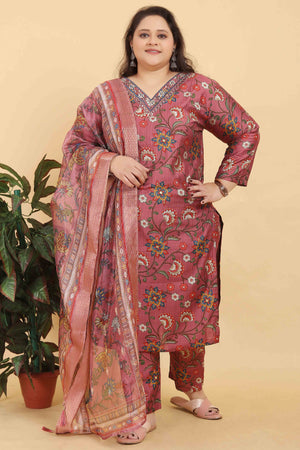 Onion Pink Floral Foil Printed With Mirror Handwork Viscose Salwar Suit