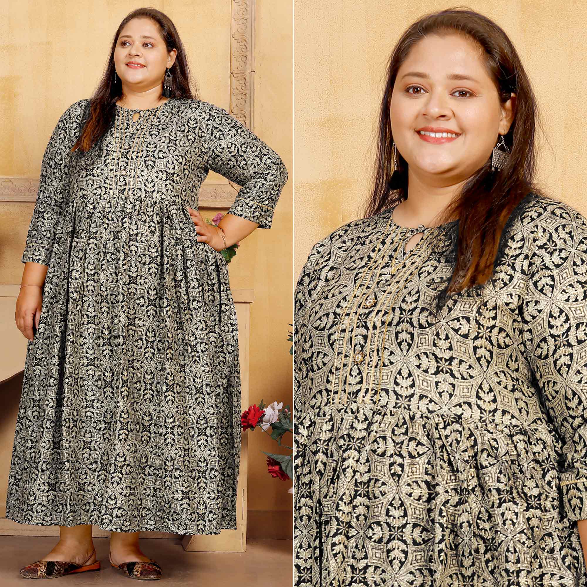 Black Floral Printed Rayon Long Kurti