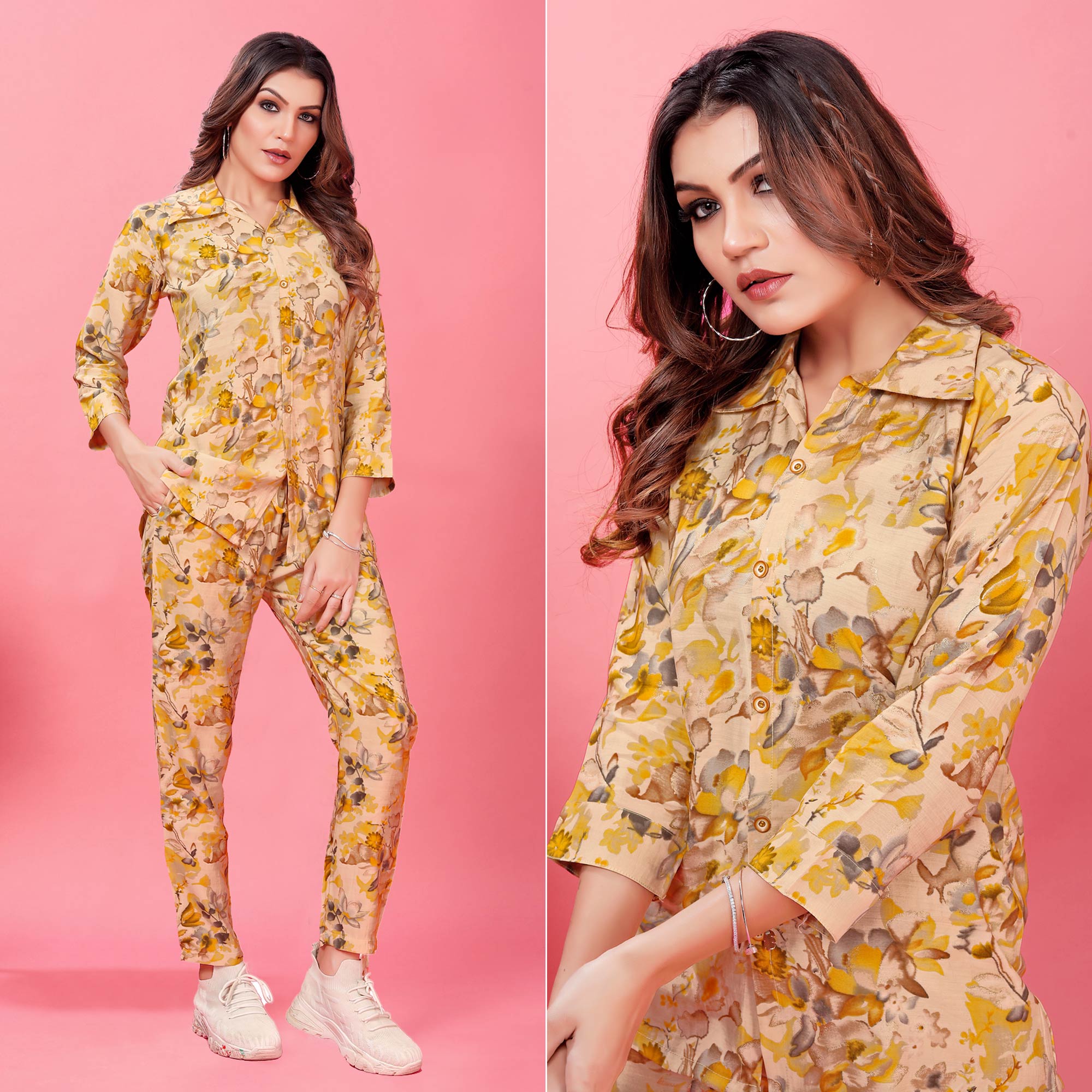 Yellow Floral Printed Rayon Co Ord Set