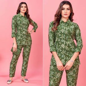Bottle Green Floral Printed Chanderi Co Ord Set