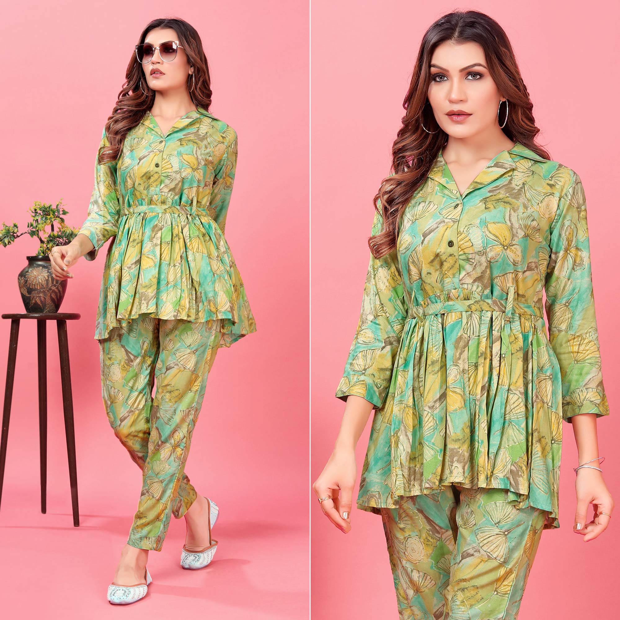 Green Floral Printed Rayon Co Ord Set