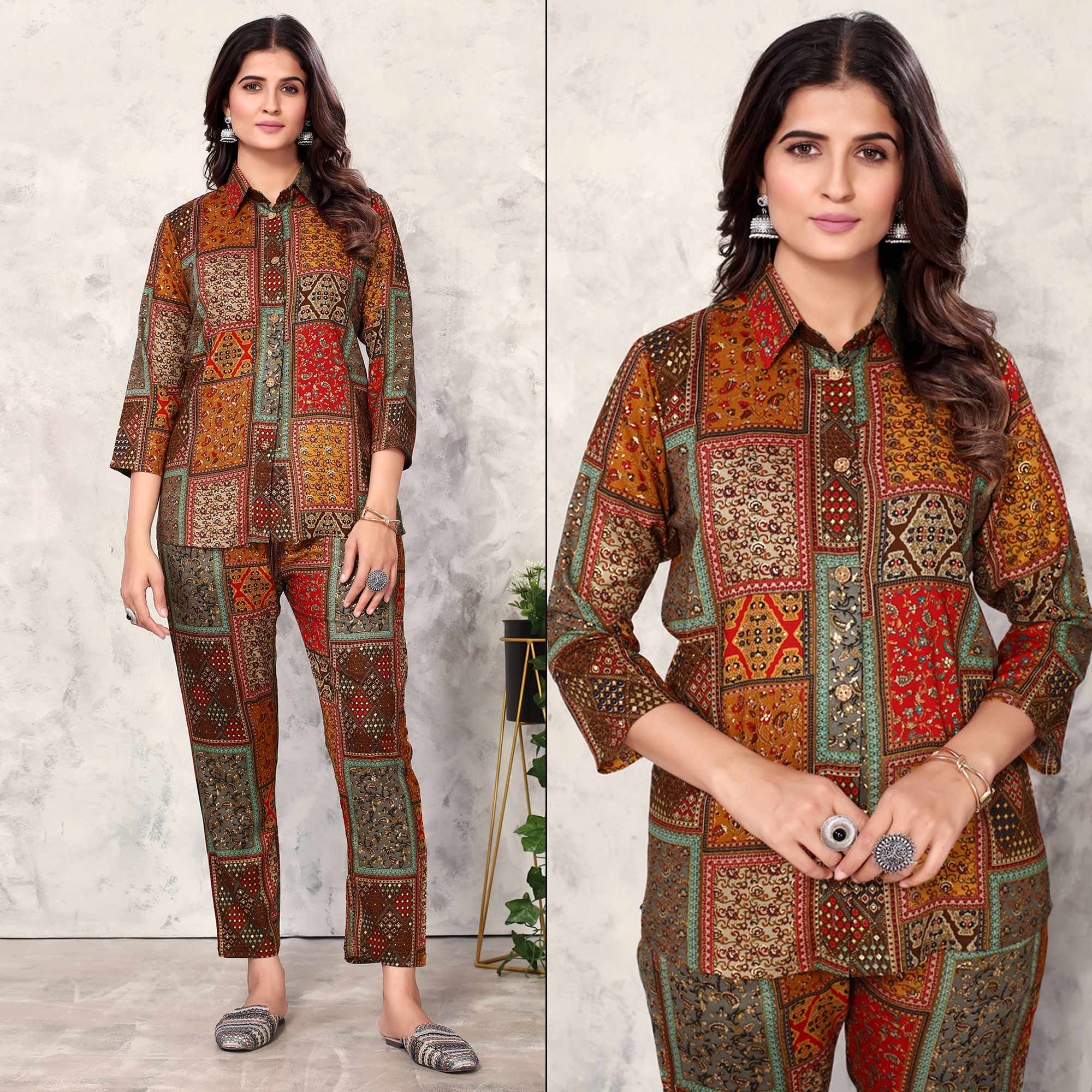 Brown Floral Printed Rayon Co Ord Set