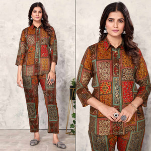 Brown Floral Printed Rayon Co Ord Set