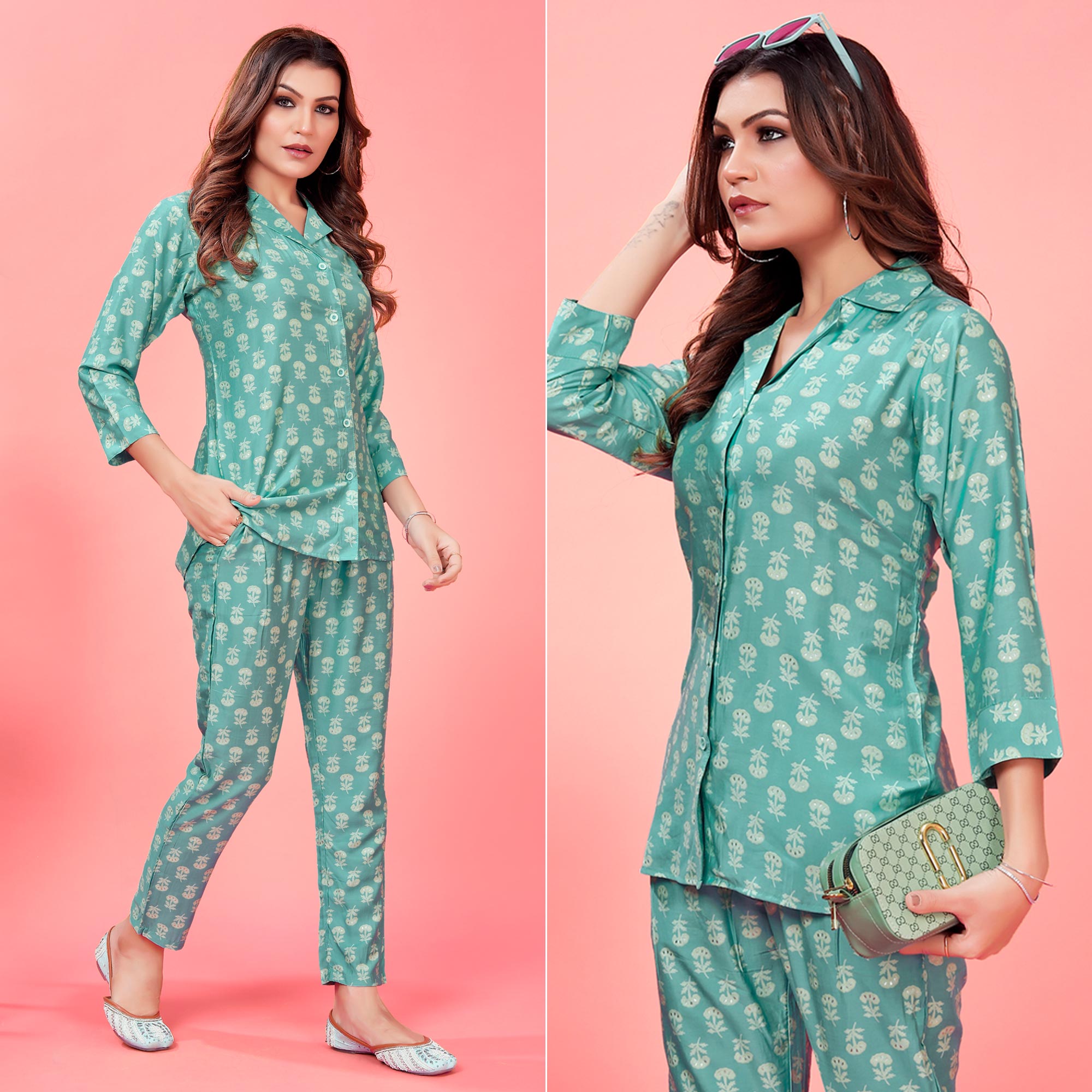 Turquoise Floral Printed Pure Silk Co Ord Set