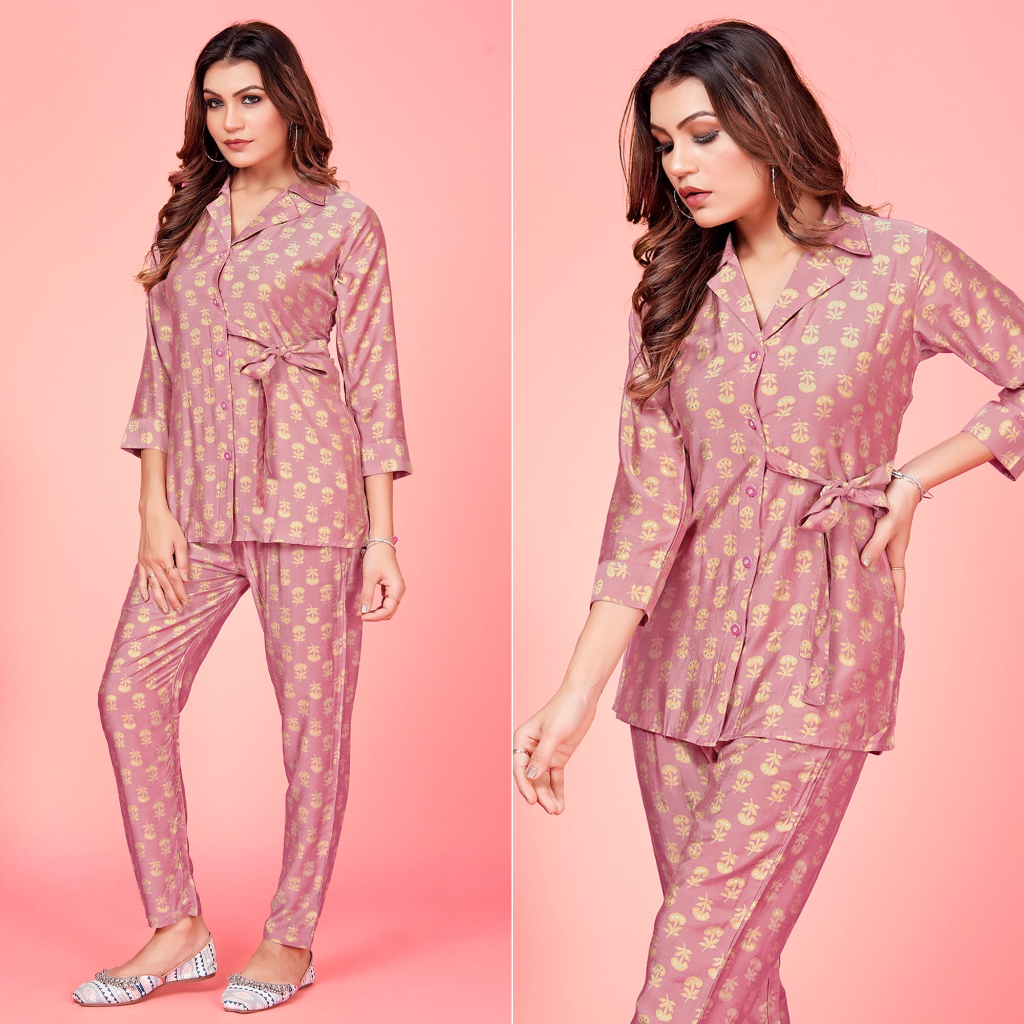 Pink Floral Printed Pure Silk Co Ord Set