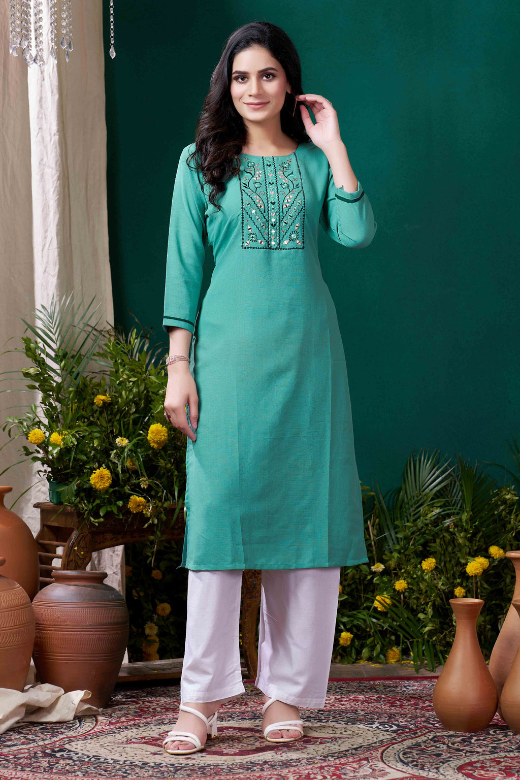 Ruhani Teal Front-Yoke Cotton Kurta With Sindhi Hand Embroidery