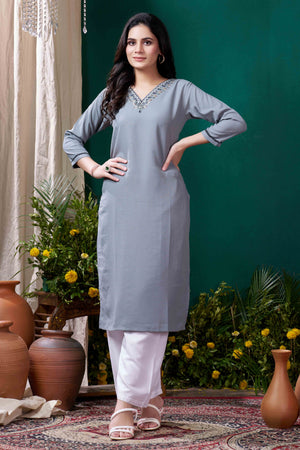 Grey Yoke Embroidered Pure Cotton Straight Kurti