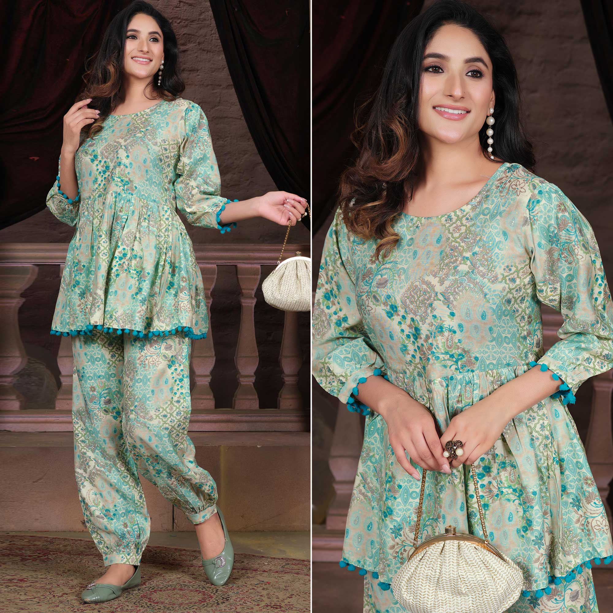 Turquoise Floral Printed Pure Silk Co Ord Set