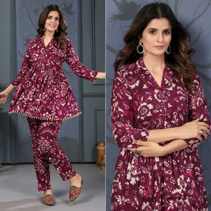 Wine Floral Digital Printed Rayon Co-Ord Set