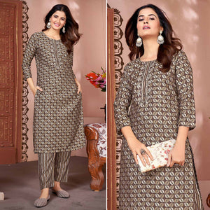 Brown Foil Printed Viscose Straight Kurti Sets