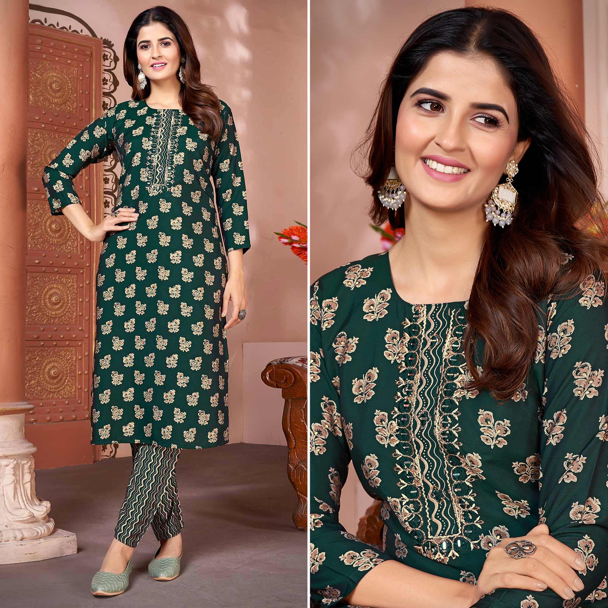 Green Foil Printed Viscose Straight Kurti Sets