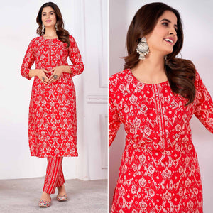 Red Foil Printed Viscose Straight Kurti Sets