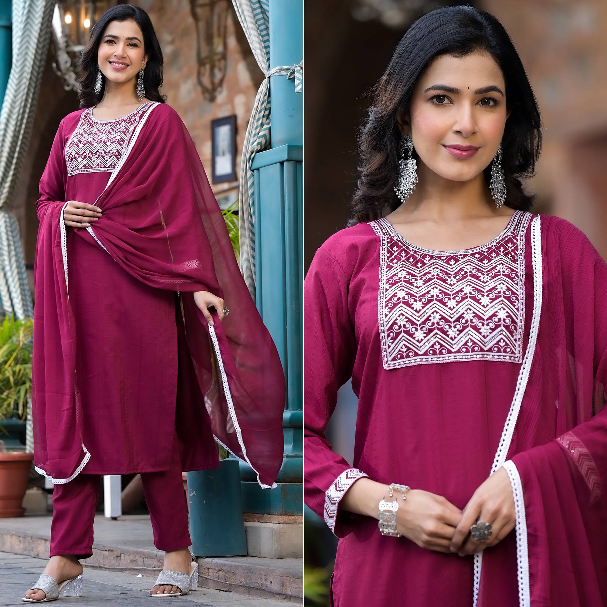 Wine Embroidered Pure Cotton Straight Salwar Suit