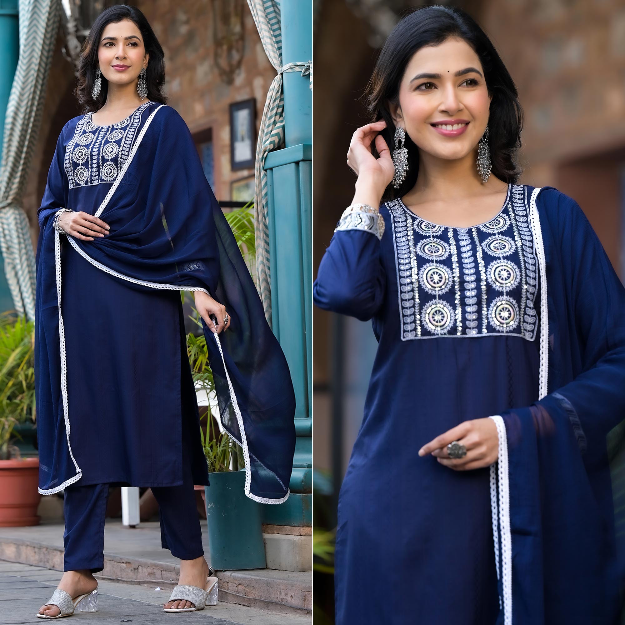 Navy Blue Embroidered Pure Cotton Straight Salwar Suit