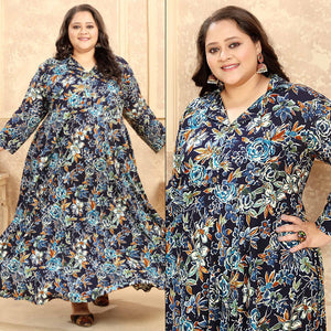 Blue Floral Printed Rayon Long Kurti