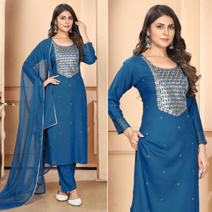 Blue Sequins Embroidered Rayon Straight Salwar Suit