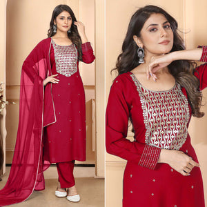 Maroon Sequins Embroidered Rayon Straight Salwar Suit