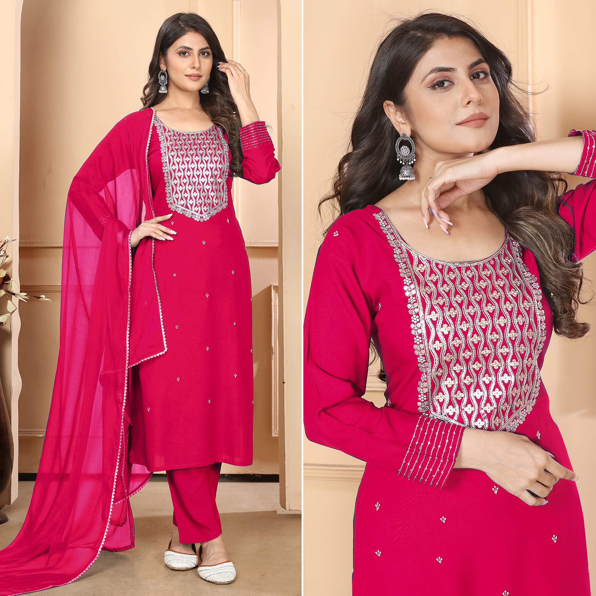 Pink Sequins Embroidered Rayon Straight Salwar Suit