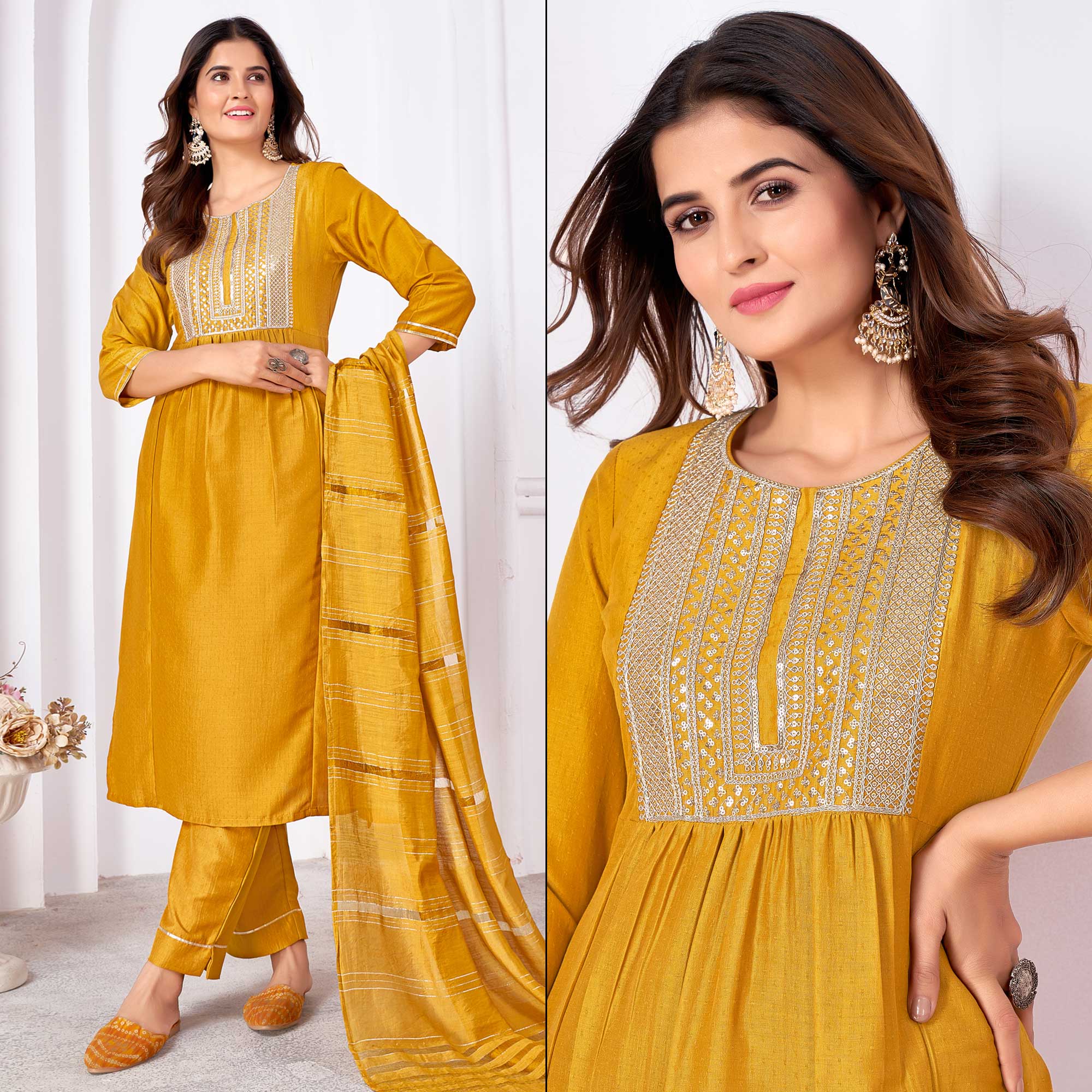 Mustard Embroidered Art Silk Salwar Suit