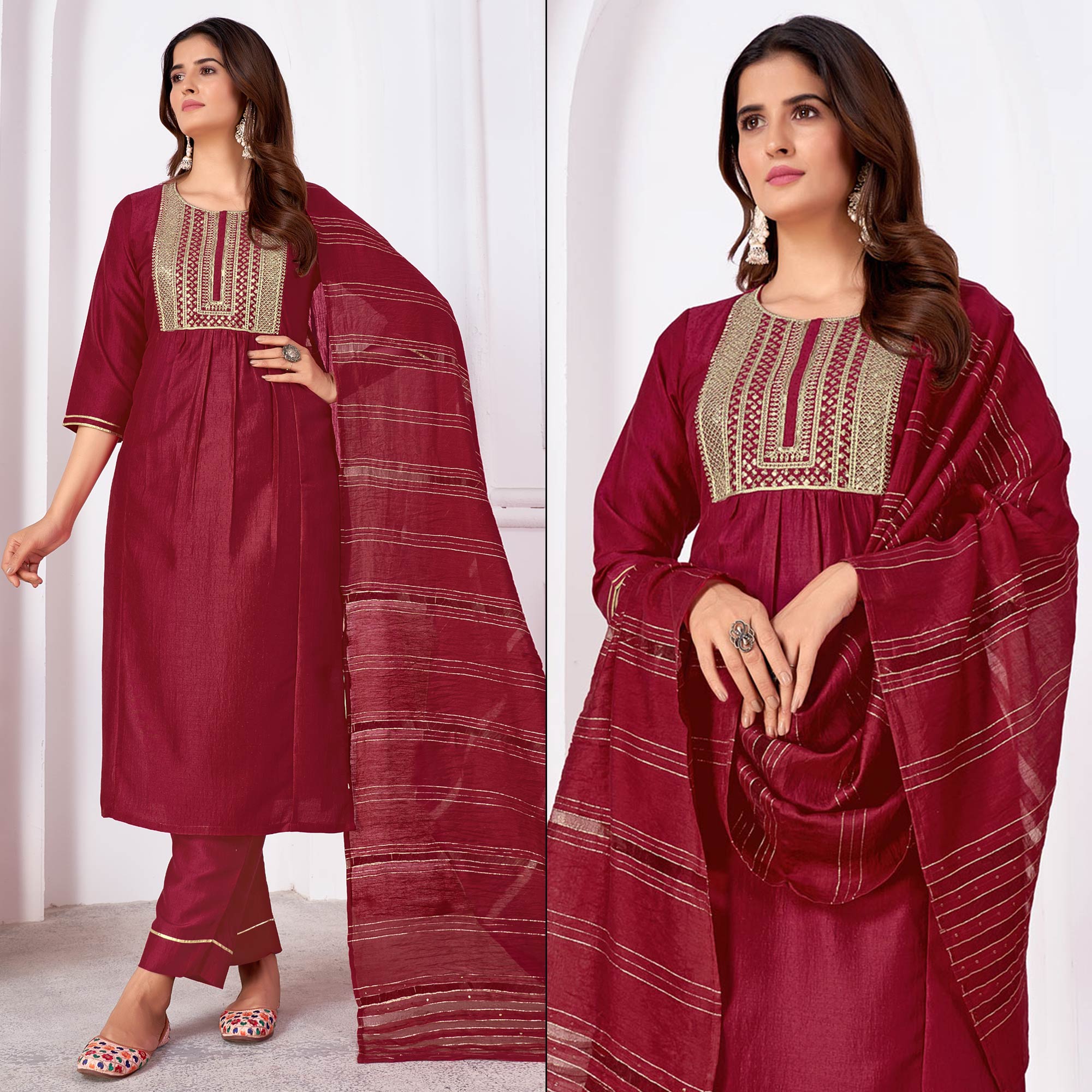 Maroon Embroidered Art Silk Salwar Suit