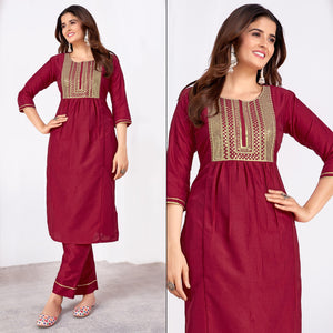 Dark Magenta Embroidered Art Silk Salwar Suit