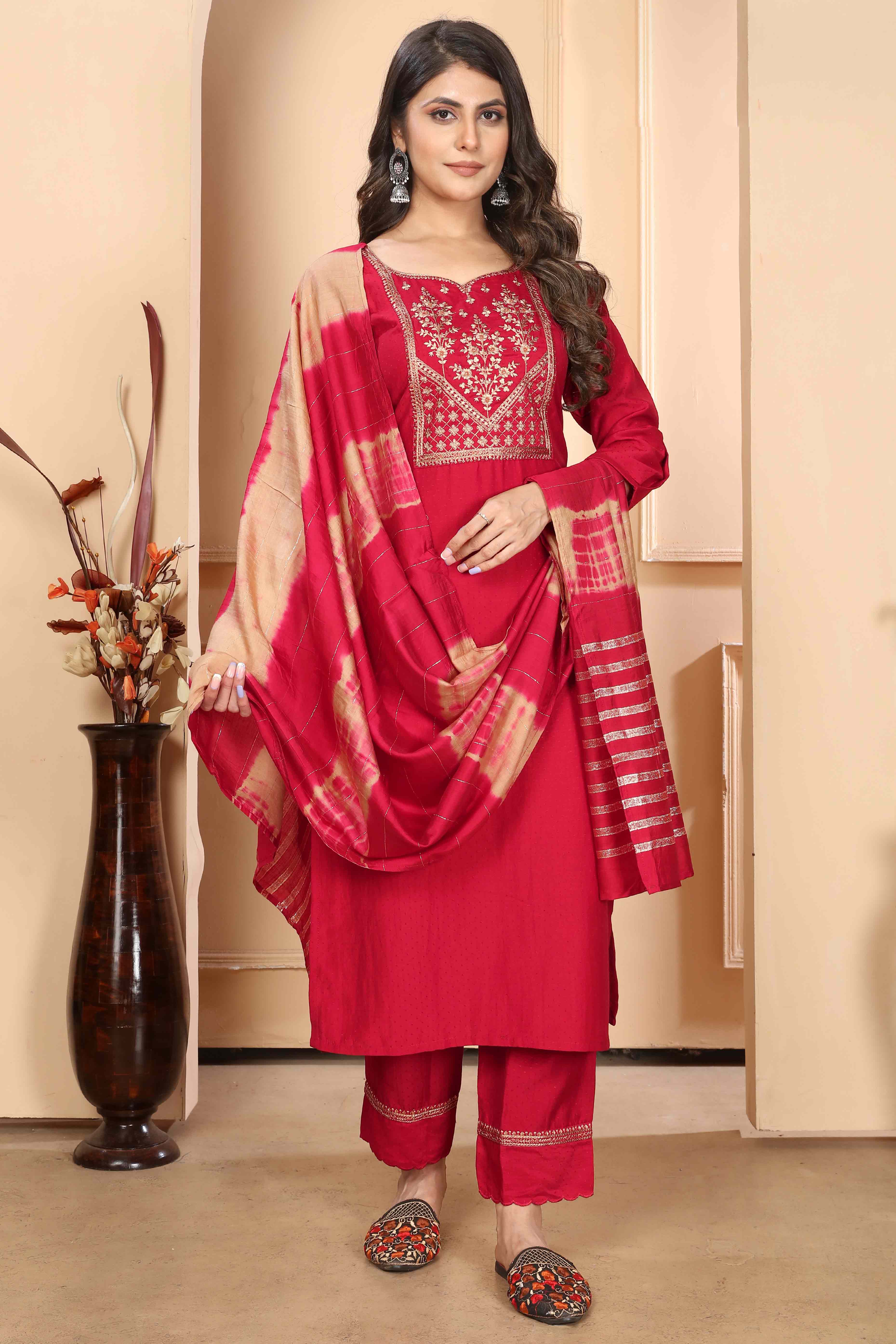 Red Yoke Embroidered Viscose Straight Salwar Suit
