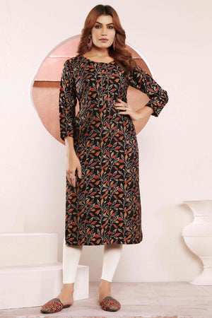Black Floral Foil Printed Muslin Viscose Kurti
