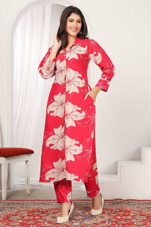 Pink Floral Rayon Print Two-Piece A-Line Set with Functional Pockets
