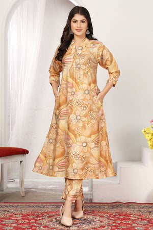 Beige Floral Chanderi Print Two-Piece A-Line Set with Functional Pockets