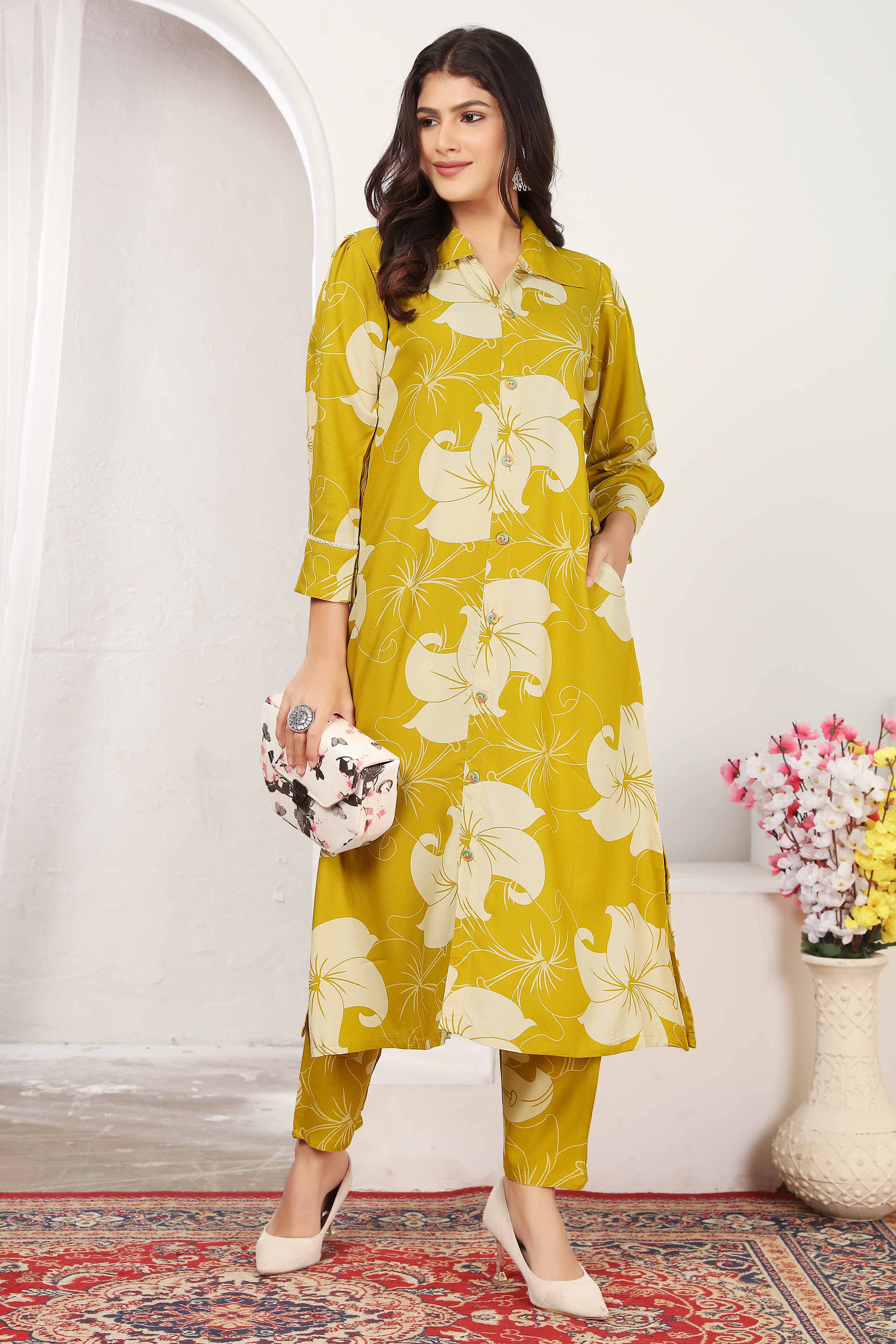 Mustard Floral Print Rayon Two-Piece A-Line Set with Functional Pockets