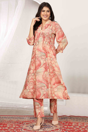 Peach Chanderi A-Line Co-Ord Set with Delicate Prints & Side Pockets