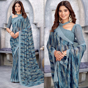 Grey Printed Georgette Saree