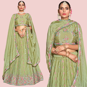 Pista Green Sequins Floral Embroidered Chiffon Lehenga Choli