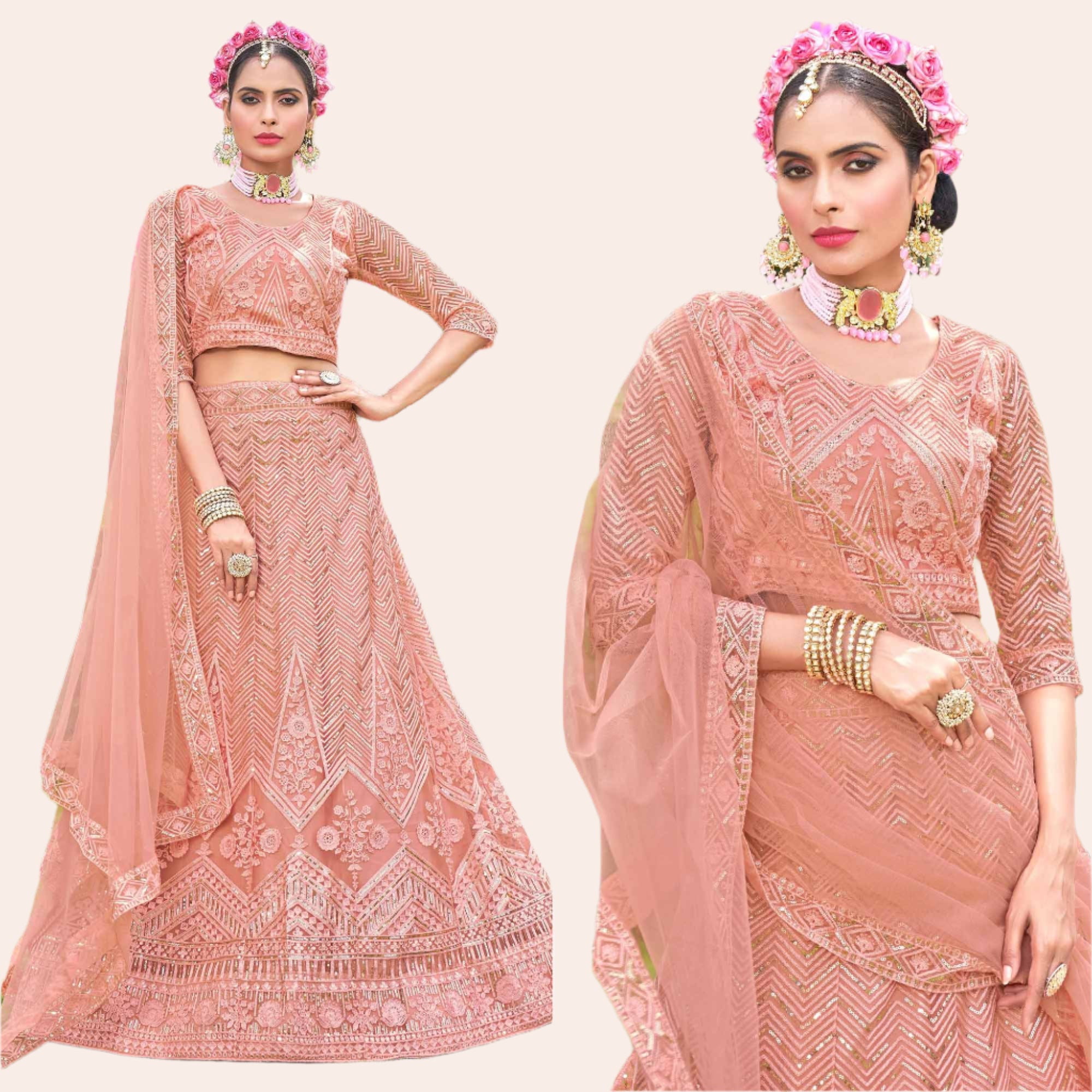 Peach Sequins Floral Embroidered Net Semi Stitched Lehenga Choli