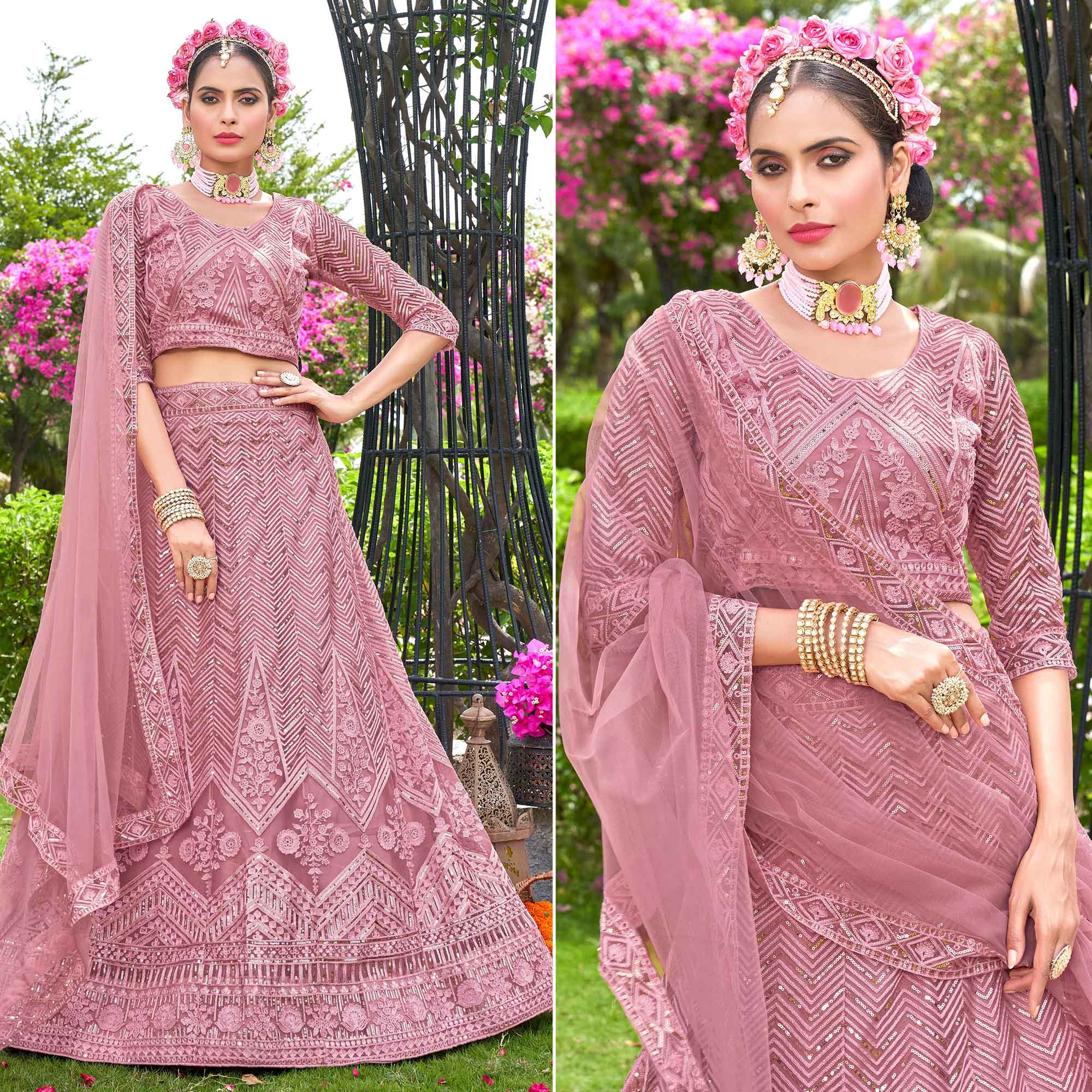 Pink Sequins Floral Embroidered Net Semi Stitched Lehenga Choli