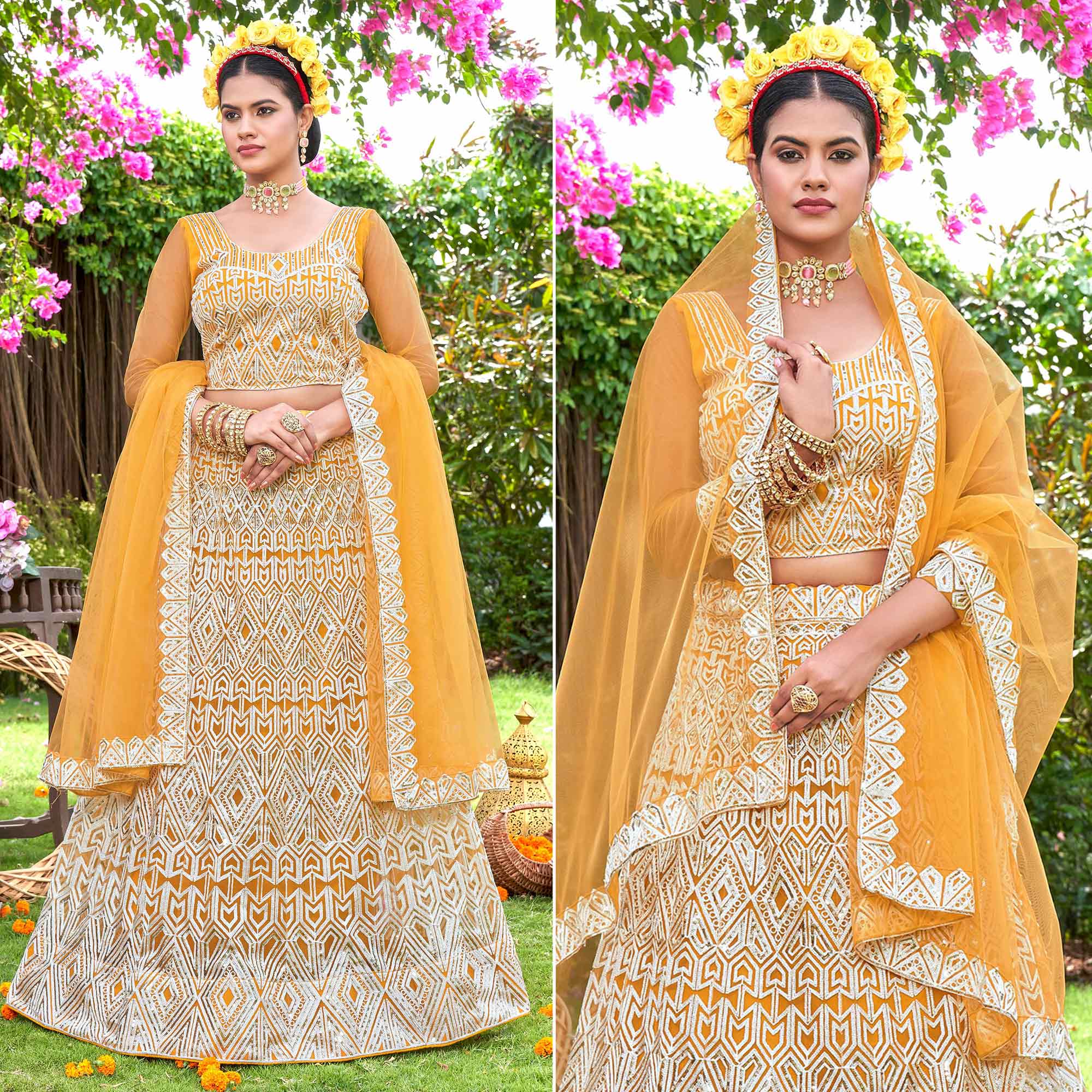 Yellow Sequins Embroidered Net Semi Stitched Lehenga Choli